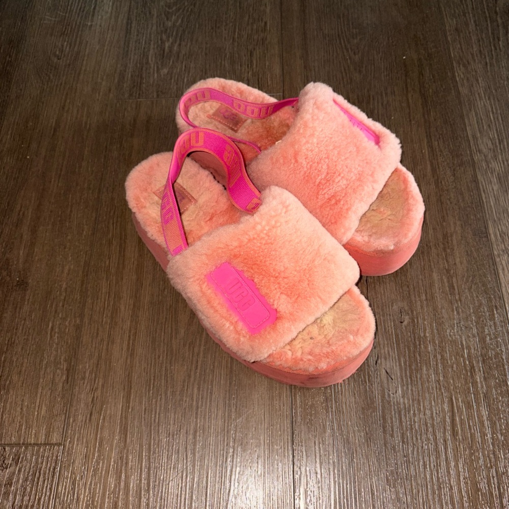 UGG Coral Pink Fuzzy Platform Slide Sandals